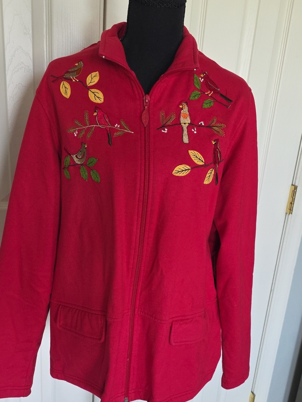 breckenridge Red Embroidered Bird Zip Utility Jacket
